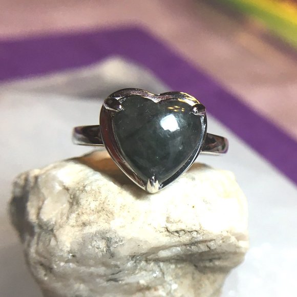 Burmese Black Jade Heart Ring .925 Type A RARE Sterling Silver - Picture 15 of 16